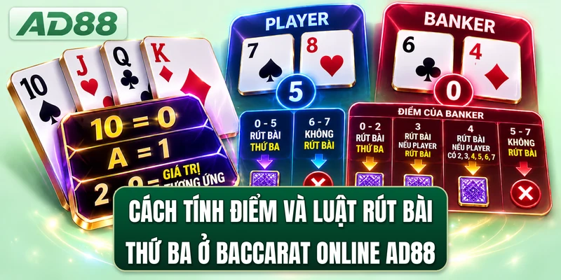Cách tính điểm và luật rút bài thứ ba ở baccarat online AD88